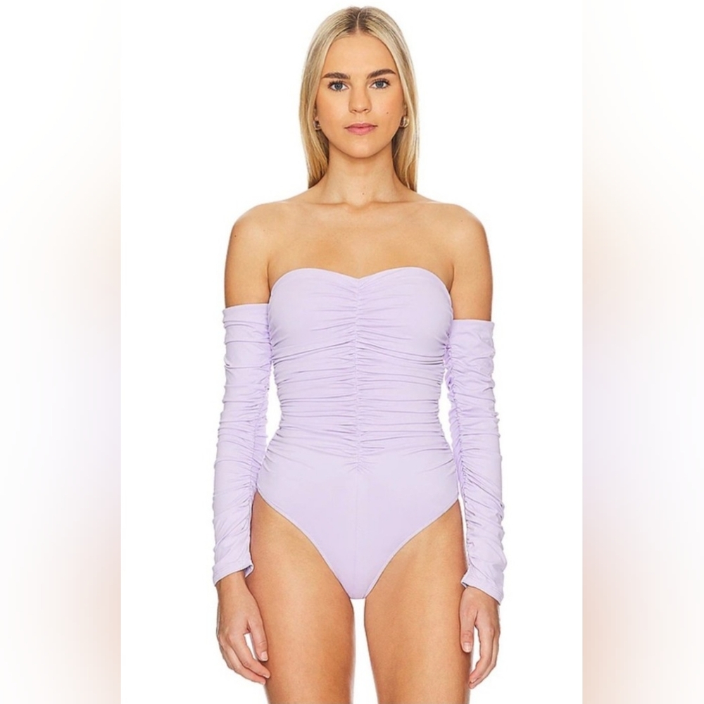 ASTR The Label Evianna Off-Shoulder Ruched Lilac Bodysuit